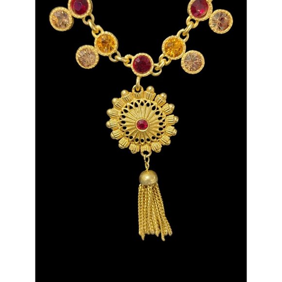 Victorian Inspired ROSA FLORES Gold tone Red and orange Pendant Necklace - Picture 10 of 12